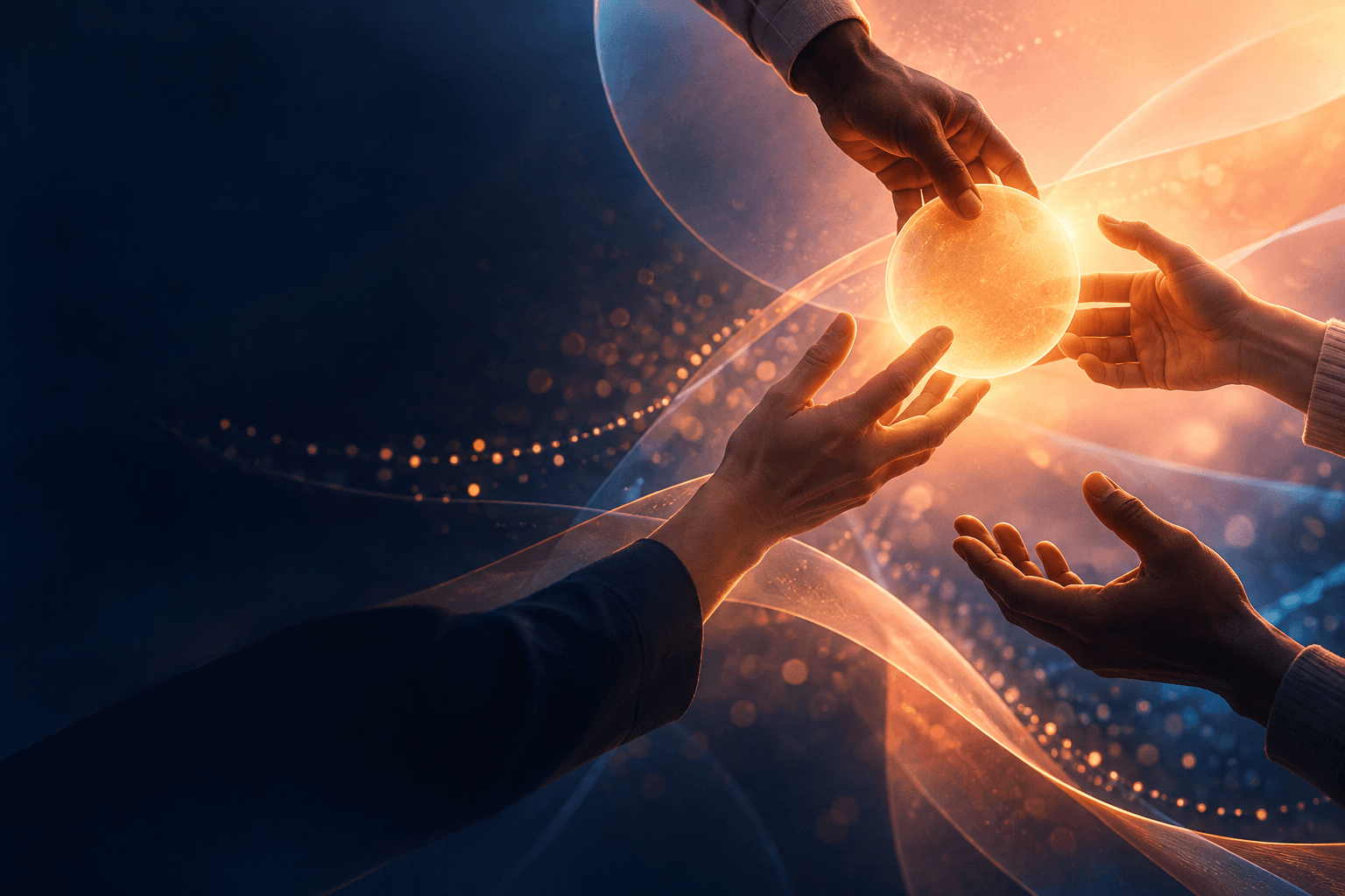 Hands sharing a warm sphere of light, representing collective impact